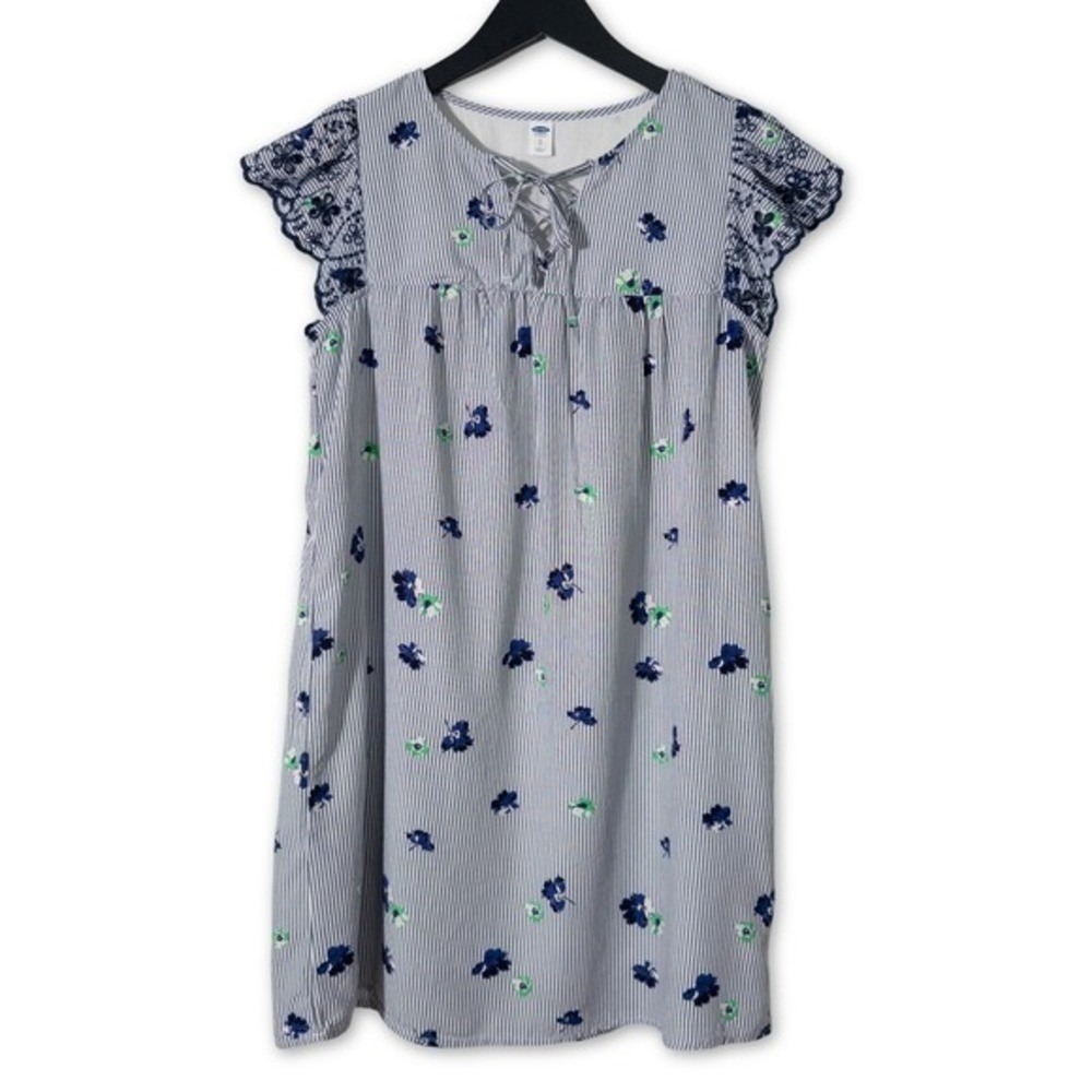 Old Navy Midi Dress Womens Small Striped Floral‎ Embroidered Ruffle Cottagecore